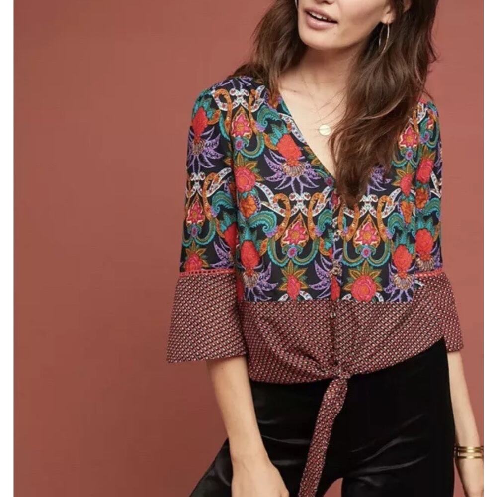 Anthropologie Maeve Size 2 Carter Tie Front Button Blouse Floral Geometric Red